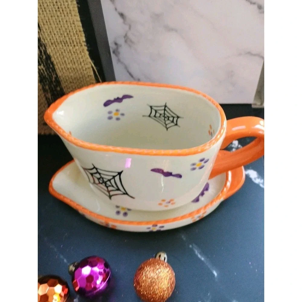 Temptations By Tara Halloween Sugar with Lid & Creamer On Plate Boofetti Pattern